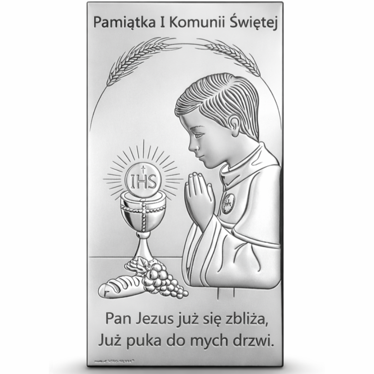 Srebrny obrazek komunijny dla chłopca – ujęcie na wprost na białym tle z delikatnym cieniem