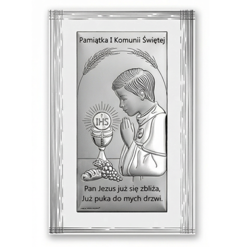 Obrazek srebrny komunijny dla chłopca – pamiątka I Komunii Świętej z motywem modlitwy i kielichem IHS, front