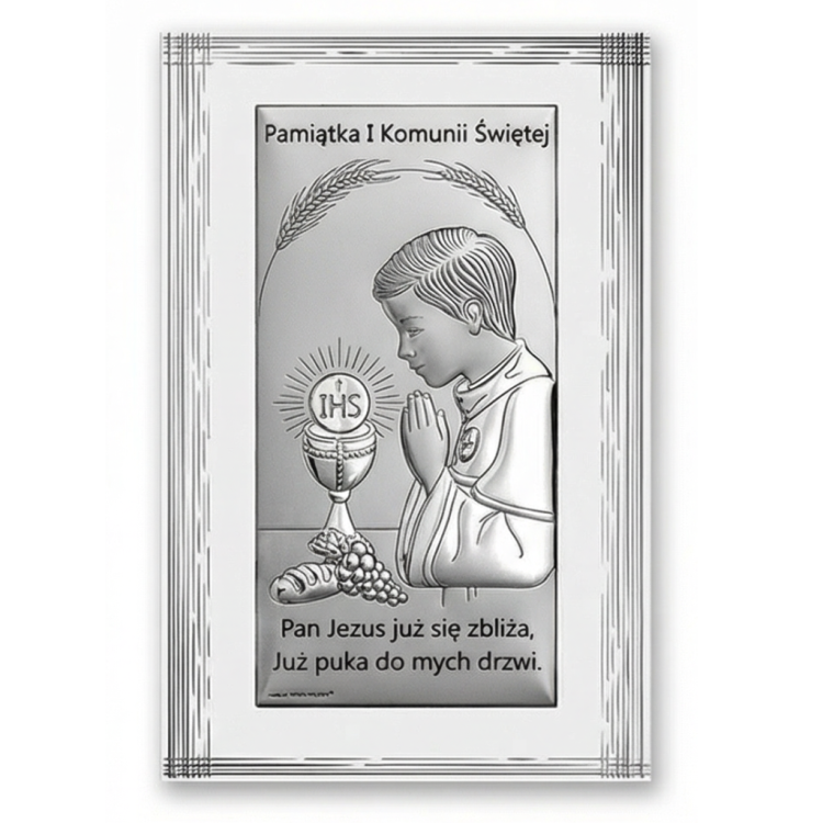 Obrazek srebrny komunijny dla chłopca – pamiątka I Komunii Świętej z motywem modlitwy i kielichem IHS, front