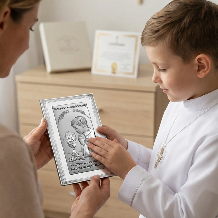 Pamiątka komunijna dla chłopca – dziecko w stroju komunijnym trzyma obrazek srebrny I Komunii Świętej, ujęcie lifestyle