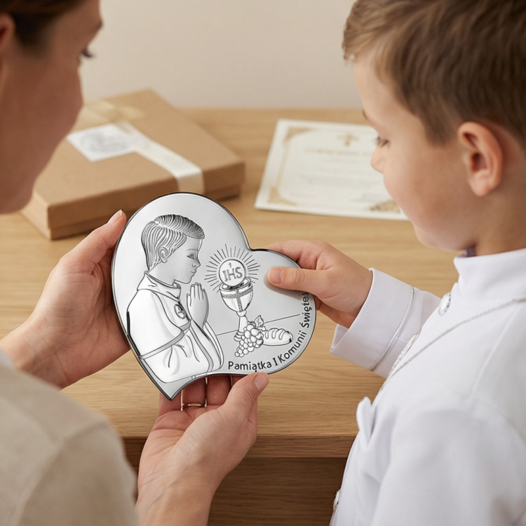 Prezent na I Komunię dla chłopca – dziecko ogląda srebrny obrazek 925 serce z motywem IHS, ujęcie lifestyle