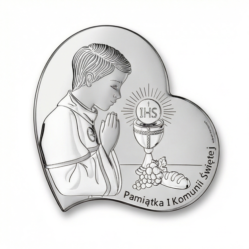 Srebrny obrazek 925 na I Komunię Świętą dla chłopca – serce z chłopcem w modlitwie, kielich z hostią IHS, winogrona i chleb