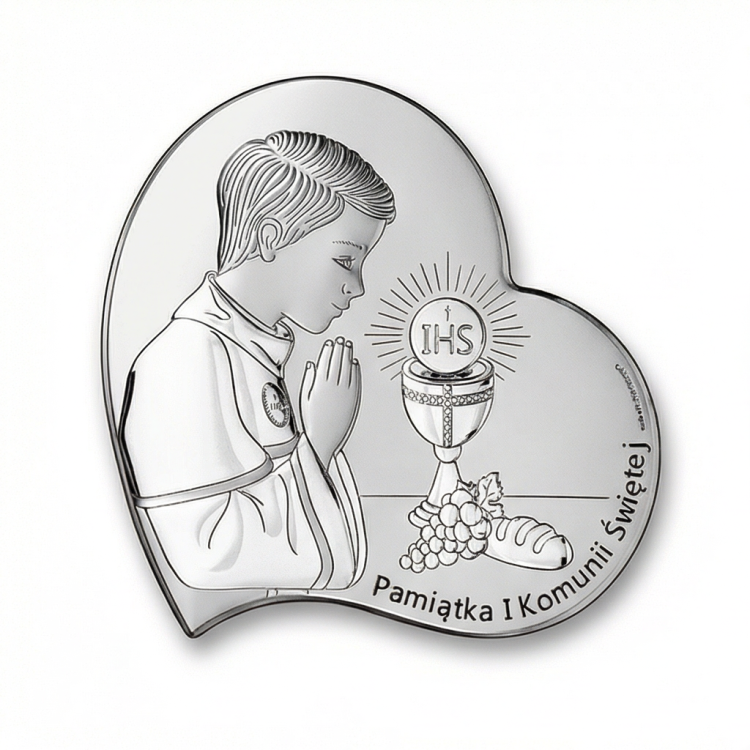 Srebrny obrazek 925 na I Komunię Świętą dla chłopca – serce z chłopcem w modlitwie, kielich z hostią IHS, winogrona i chleb