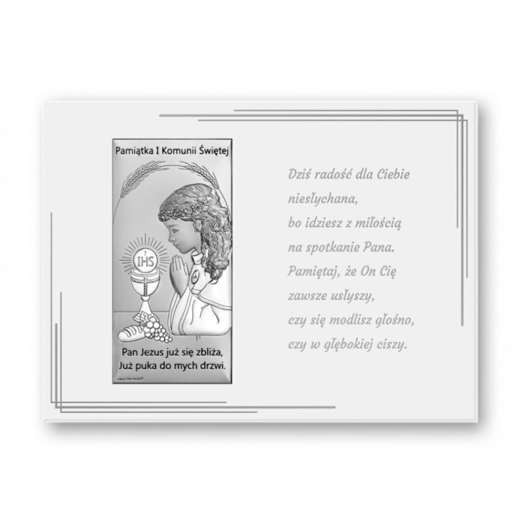 Pamiątka I Komunii Świętej – srebrny obrazek komunijny z dziewczynką i kielichem IHS oraz kartka z życzeniami, widok na białym tle