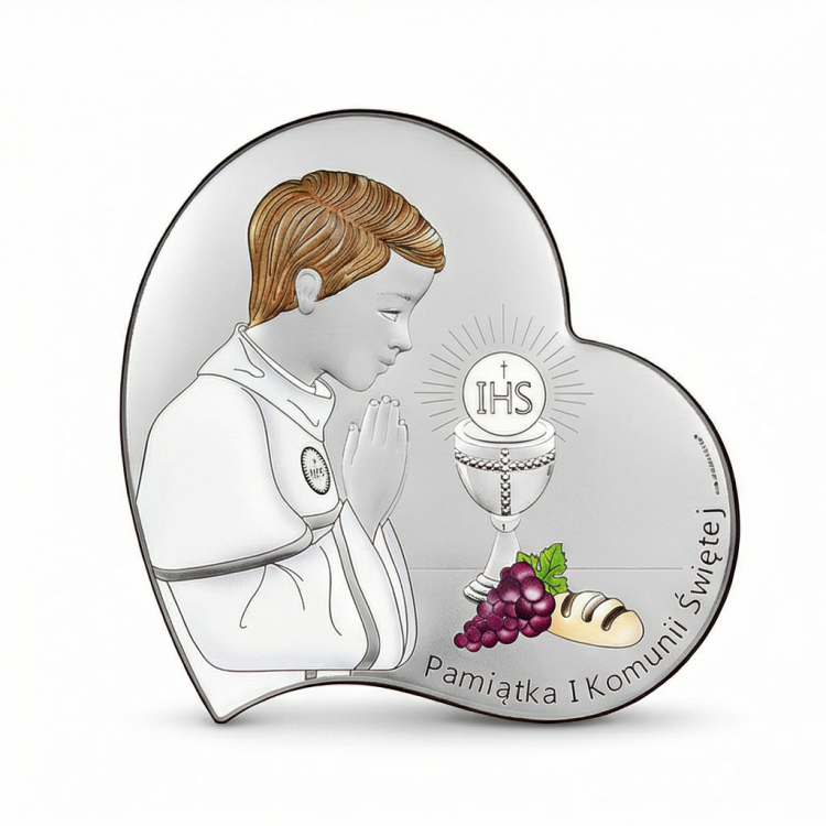 Srebrny obrazek 925 na I Komunię Świętą dla chłopca – serce z chłopcem w modlitwie, kielich z hostią IHS, winogrona i chleb