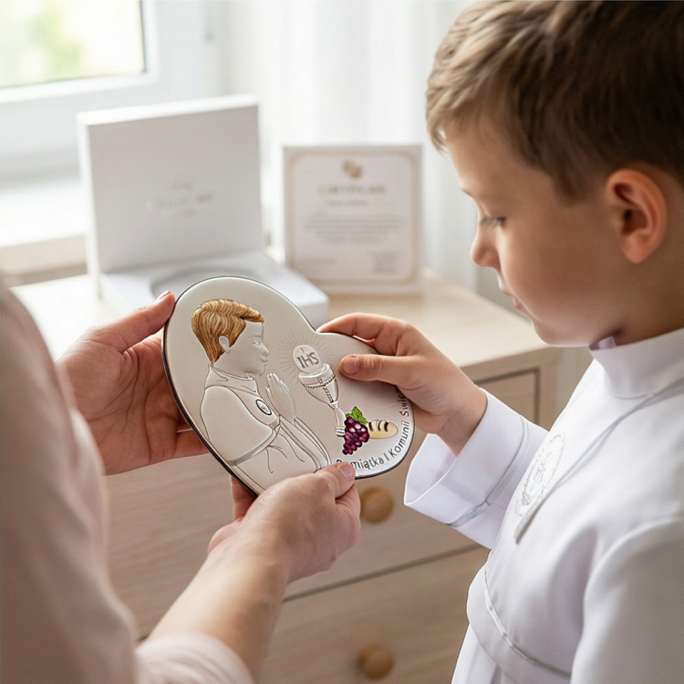 Prezent na I Komunię dla chłopca – dziecko ogląda srebrny obrazek 925 serce z kielichem i IHS, ujęcie lifestyle
