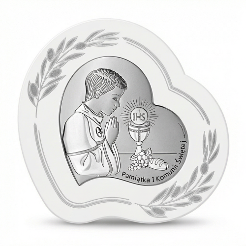 Srebrny obrazek 925 na I Komunię Świętą dla chłopca – serce z chłopcem w modlitwie, kielich z hostią IHS, pamiątka komunijna