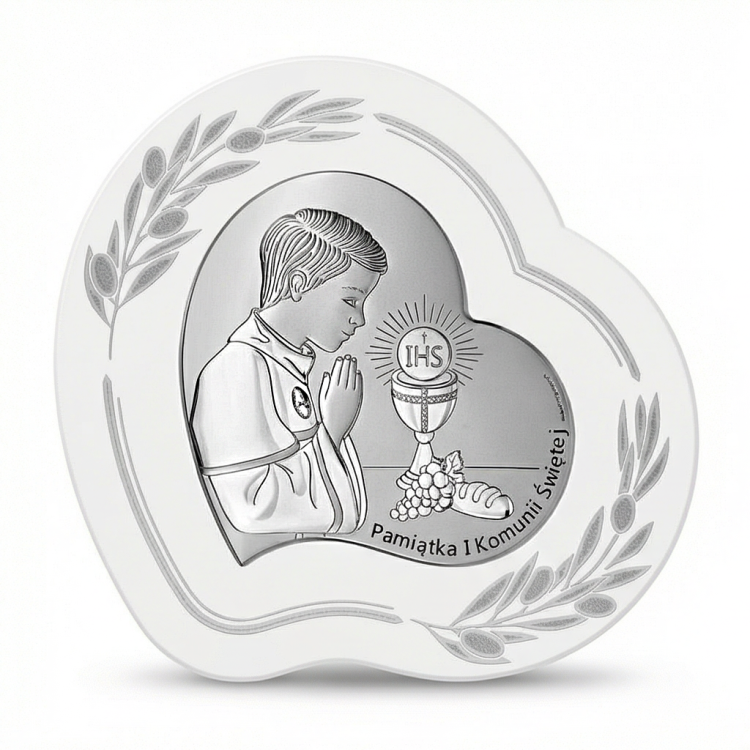 Srebrny obrazek 925 na I Komunię Świętą dla chłopca – serce z chłopcem w modlitwie, kielich z hostią IHS, pamiątka komunijna