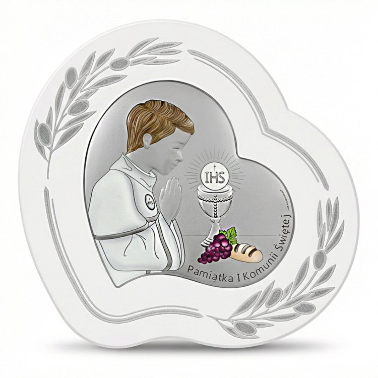 Srebrny obrazek 925 na I Komunię Świętą dla chłopca – serce w ramce z liśćmi, chłopiec w modlitwie, kielich z hostią IHS, winogrona i chleb