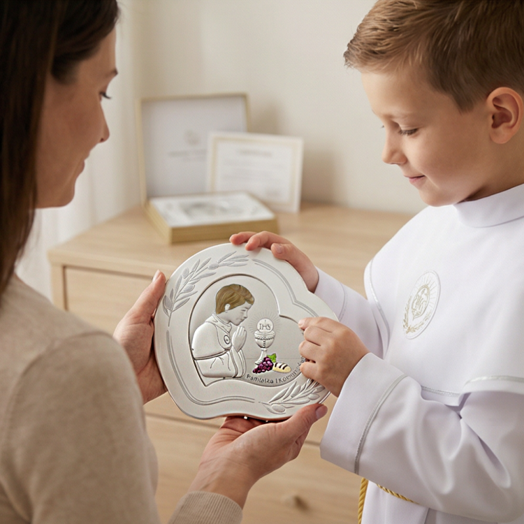 Prezent na I Komunię dla chłopca – dziecko w stroju komunijnym ogląda srebrny obrazek 925 serce z kielichem i IHS, ujęcie lifestyle