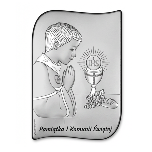 Srebrny obrazek na I Komunię Świętą dla chłopca – falowany kształt, chłopiec w modlitwie przy kielichu z hostią IHS, pamiątka komunijna