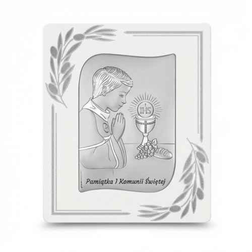 Srebrny obrazek na I Komunię Świętą dla chłopca – kwadratowa ramka z motywem liści, chłopiec w modlitwie przy kielichu z hostią IHS