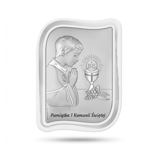 Srebrny obrazek na I Komunię Świętą dla chłopca – falowana ramka, chłopiec w modlitwie przy kielichu z hostią IHS, pamiątka komunijna
