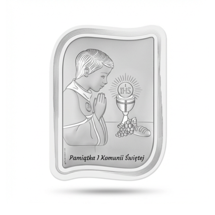Srebrny obrazek na I Komunię Świętą dla chłopca – falowana ramka, chłopiec w modlitwie przy kielichu z hostią IHS, pamiątka komunijna