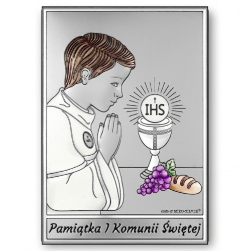 Srebrny obrazek na I Komunię Świętą dla chłopca – prostokątny, chłopiec w modlitwie przy kielichu z hostią IHS, pamiątka komunijna