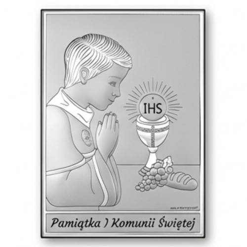 Srebrny obrazek na I Komunię Świętą dla chłopca – prostokątny, chłopiec w modlitwie przy kielichu z hostią IHS, pamiątka komunijna
