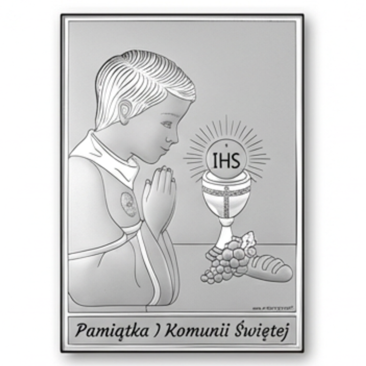 Srebrny obrazek na I Komunię Świętą dla chłopca – prostokątny, chłopiec w modlitwie przy kielichu z hostią IHS, pamiątka komunijna