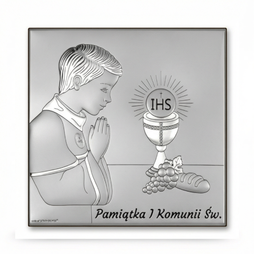 Srebrny obrazek na I Komunię Świętą dla chłopca – kwadratowy, chłopiec w modlitwie przy kielichu z hostią IHS, pamiątka komunijna