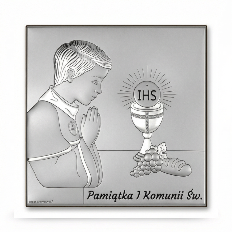 Srebrny obrazek na I Komunię Świętą dla chłopca – kwadratowy, chłopiec w modlitwie przy kielichu z hostią IHS, pamiątka komunijna