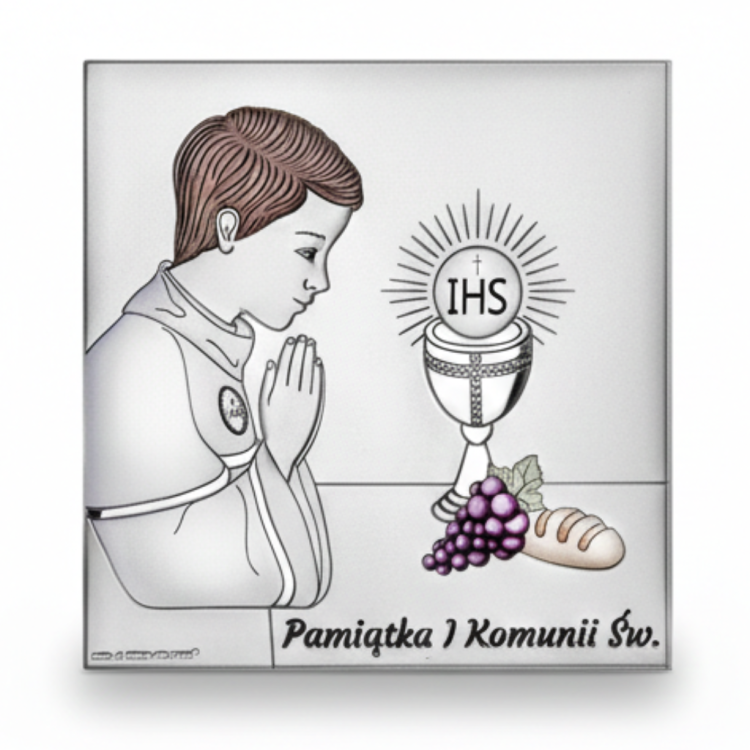 Srebrny obrazek na I Komunię Świętą dla chłopca – kwadratowy, chłopiec w modlitwie przy kielichu z hostią IHS, kolorowe winogrona i chleb
