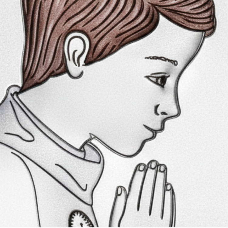 Zbliżenie na srebrny obrazek komunijny – detal reliefu chłopca w modlitwie, precyzyjne wykonanie