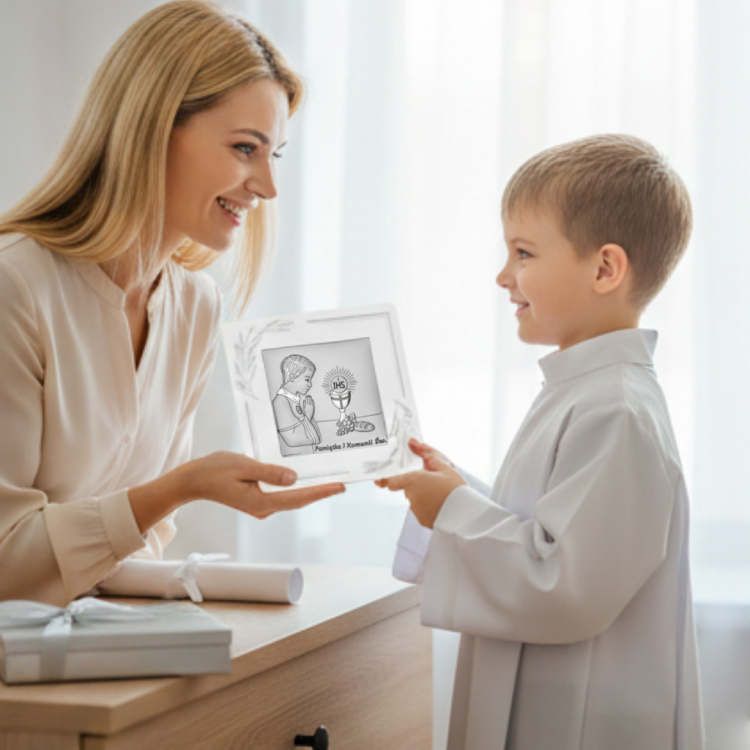 Prezent na I Komunię dla chłopca – mama wręcza srebrny obrazek w białej kwadratowej ramce z motywem liści, ujęcie lifestyle