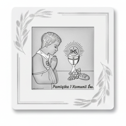 Srebrny obrazek na I Komunię Świętą dla chłopca – kwadratowa biała ramka z motywem liści, chłopiec w modlitwie przy kielichu z hostią IHS
