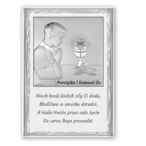 Srebrny obrazek na I Komunię Świętą dla chłopca z życzeniami – chłopiec w modlitwie, kielich i hostia IHS, winogrona, pamiątka komunijna