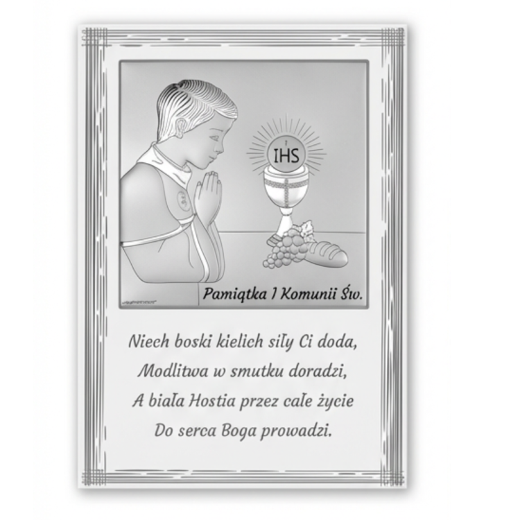 Srebrny obrazek na I Komunię Świętą dla chłopca z życzeniami – chłopiec w modlitwie, kielich i hostia IHS, winogrona, pamiątka komunijna