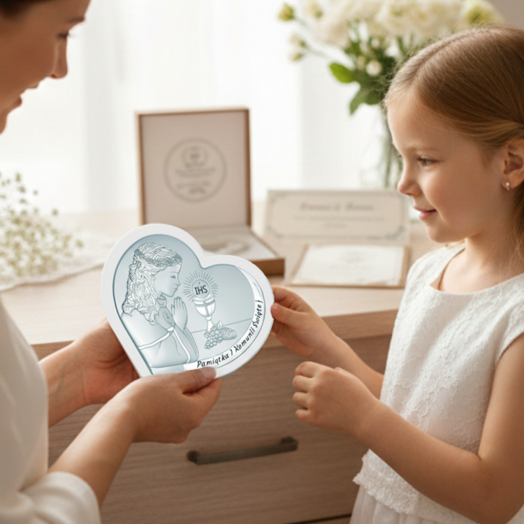 Pamiątka I Komunii Świętej – srebrny obrazek serce dla dziewczynki z motywem IHS, aranżacja na komodzie ze świecą i krzyżem w tle