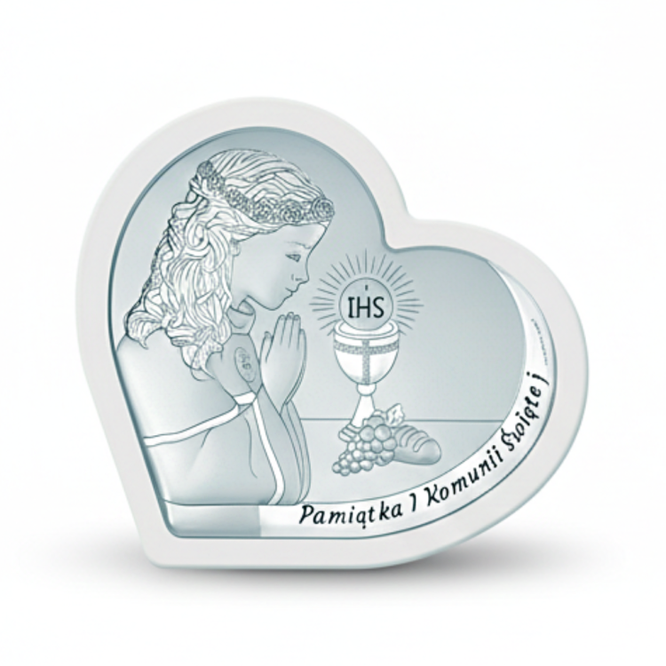 Srebrny obrazek komunijny w kształcie serca dla dziewczynki – modlitwa przy kielichu z hostią IHS, pamiątka I Komunii Świętej