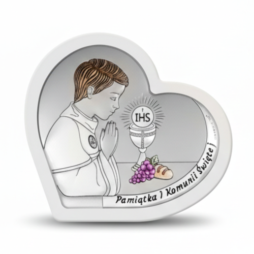 Srebrny obrazek komunijny w kształcie serca dla chłopca – modlitwa przy kielichu z hostią IHS, kolorowe winogrona, pamiątka I Komunii Świętej