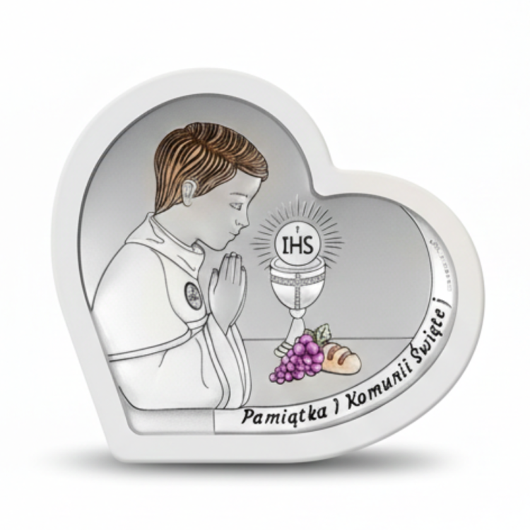 Srebrny obrazek komunijny w kształcie serca dla chłopca – modlitwa przy kielichu z hostią IHS, kolorowe winogrona, pamiątka I Komunii Świętej