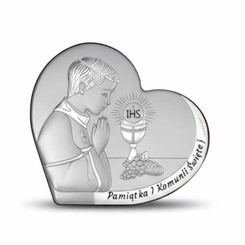 Srebrny obrazek komunijny w kształcie serca dla chłopca – modlitwa przy kielichu z hostią IHS, napis „Pamiątka I Komunii Świętej”