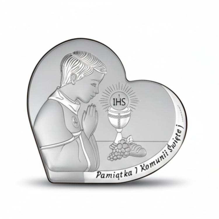Srebrny obrazek komunijny w kształcie serca dla chłopca – modlitwa przy kielichu z hostią IHS, napis „Pamiątka I Komunii Świętej”