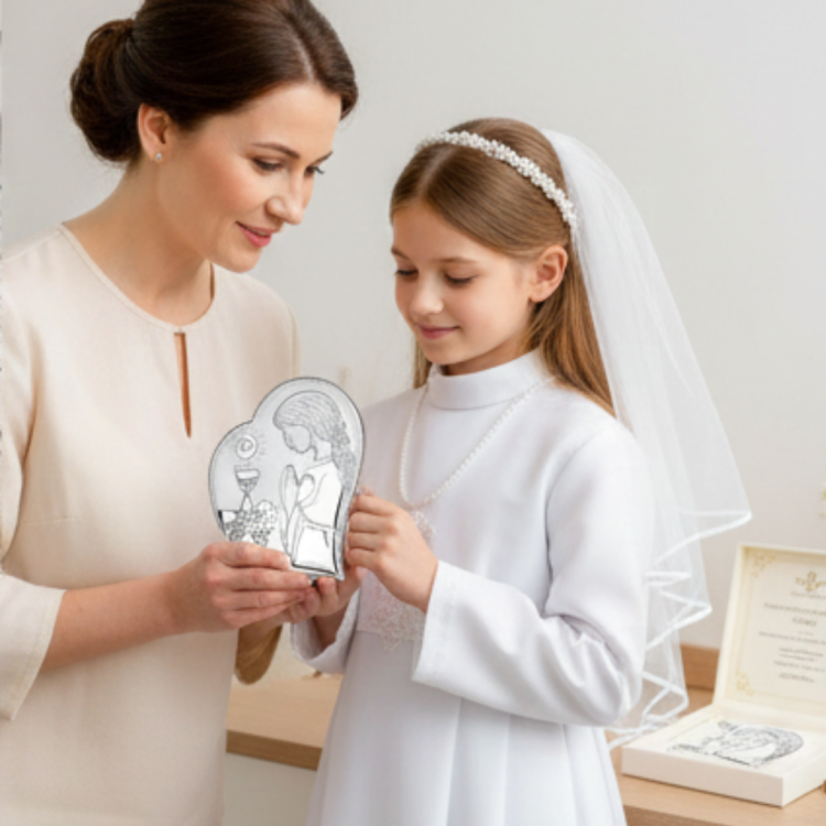 Pamiątka Pierwszej Komunii Świętej – srebrny obrazek z dziewczynką modlącą się trzymany przez dziecko