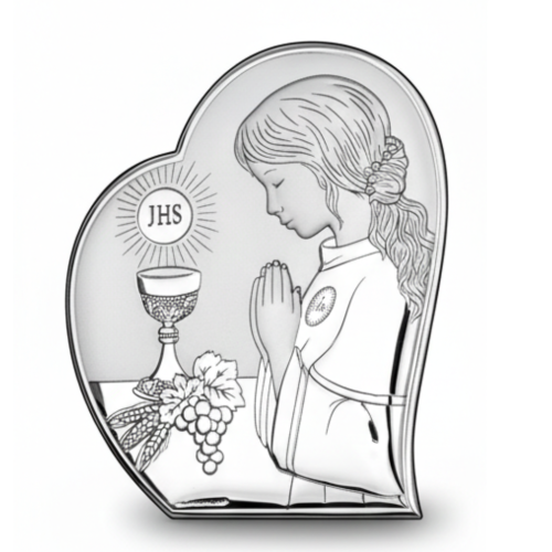 Srebrny obrazek komunijny z dziewczynką modlącą się, kielichem i symbolem JHS