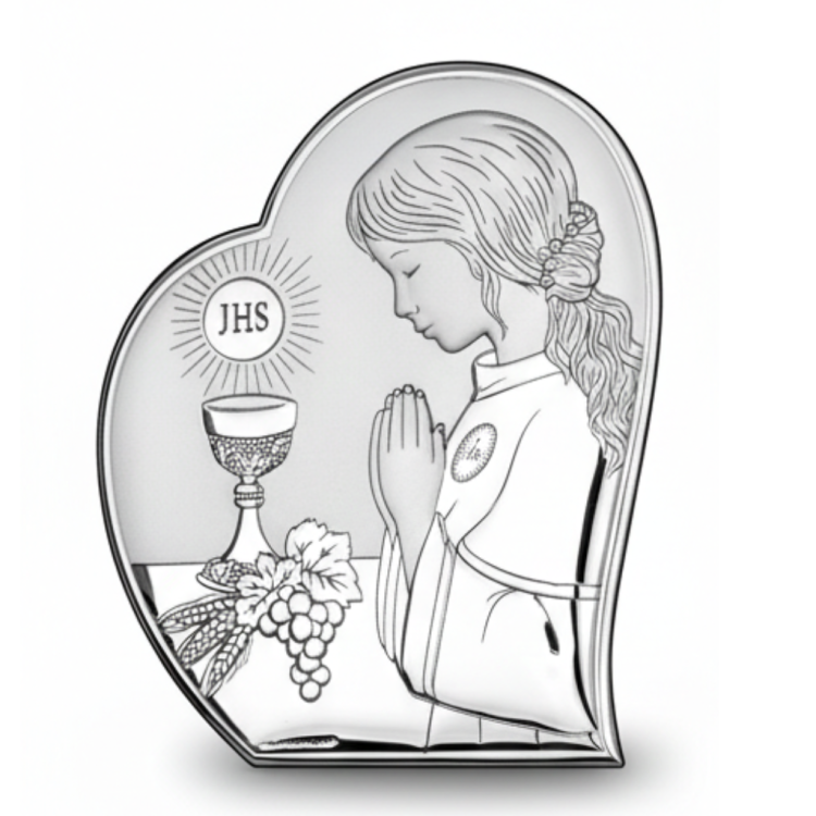 Srebrny obrazek komunijny z dziewczynką modlącą się, kielichem i symbolem JHS