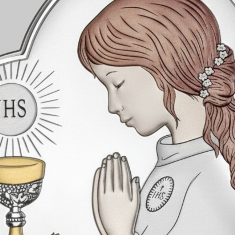 Zbliżenie obrazka komunijnego: profil dziewczynki modlącej się, hostia JHS i złocony kielich