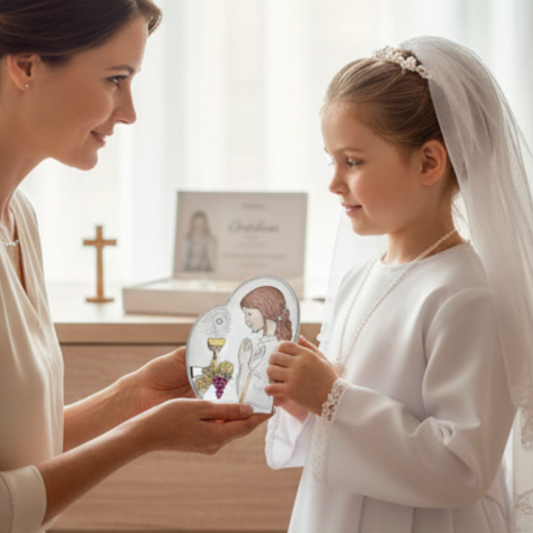 Wręczenie pamiątki komunijnej – dziecko w albie trzyma srebrny obrazek z dziewczynką i kielichem