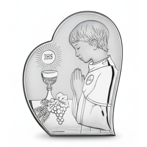 Srebrny obrazek komunijny z modlącym się chłopcem, kielichem i symbolem JHS