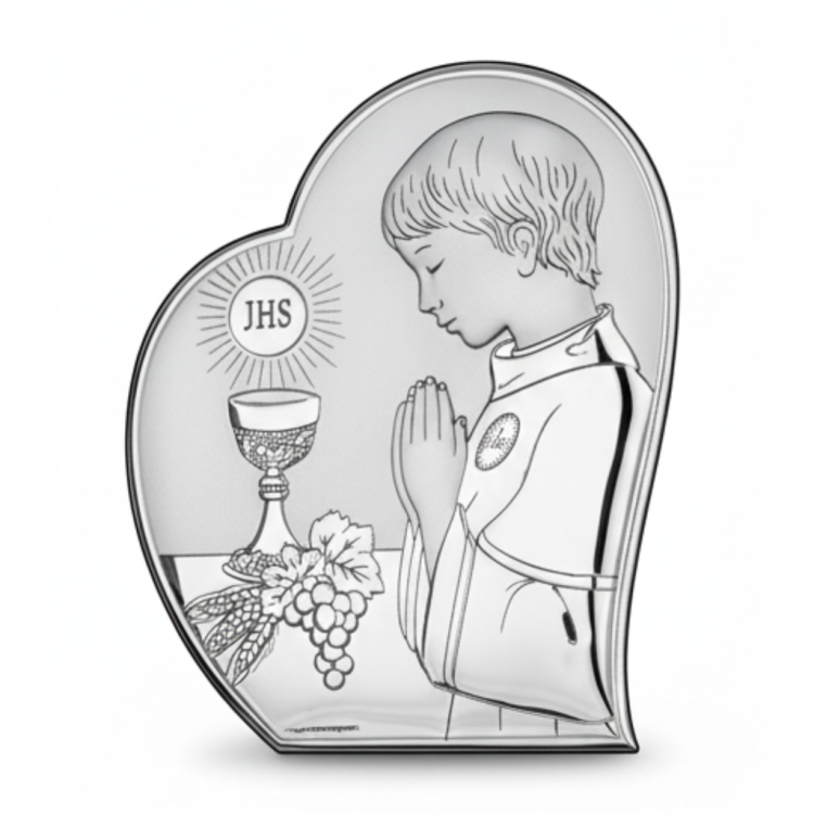 Srebrny obrazek komunijny z modlącym się chłopcem, kielichem i symbolem JHS
