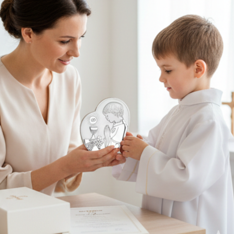 Wręczenie pamiątki Pierwszej Komunii – chłopiec w albie trzyma srebrny obrazek komunijny