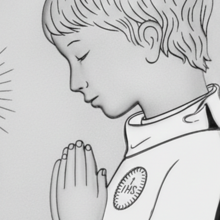 Zbliżenie na obrazek komunijny – profil modlącego się chłopca z emblematem JHS