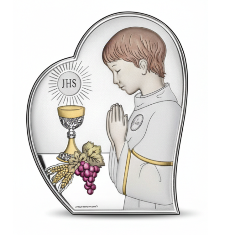 Srebrny obrazek komunijny z modlącym się chłopcem, złoconym kielichem i winogronami, symbol JHS