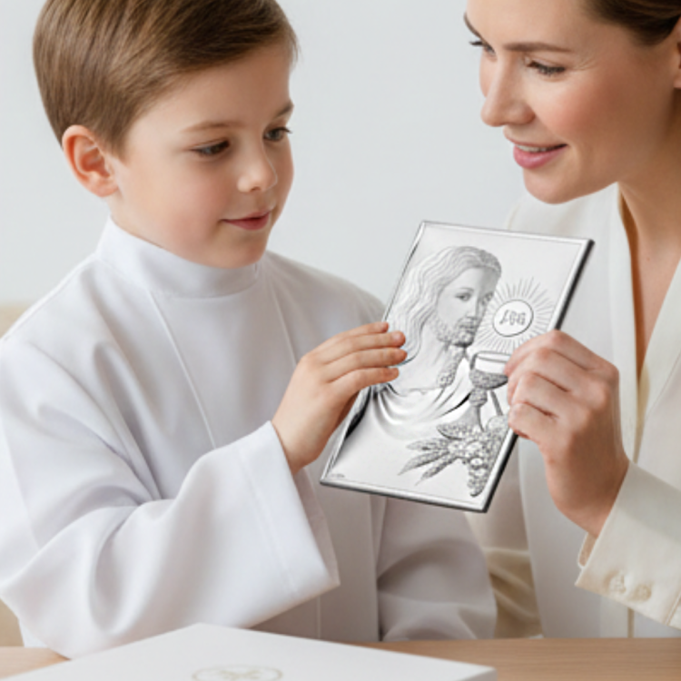 Pamiątka Pierwszej Komunii Świętej – chłopiec w albie trzyma srebrny obrazek z Jezusem i kielichem