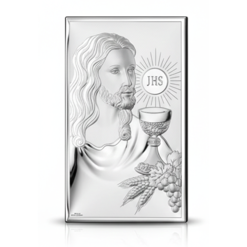 Srebrny obrazek religijny z wizerunkiem Jezusa, kielichem eucharystycznym i symbolem JHS