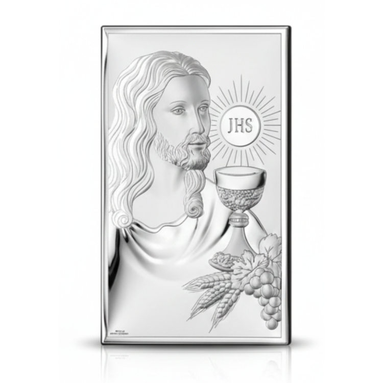 Srebrny obrazek religijny z wizerunkiem Jezusa, kielichem eucharystycznym i symbolem JHS