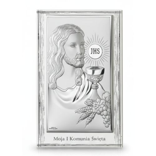 Srebrny obrazek komunijny w ramce z Jezusem, kielichem i symbolem JHS, napis Moja I Komunia Święta