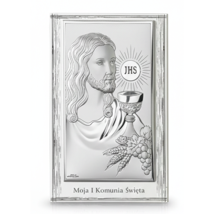 Srebrny obrazek komunijny w ramce z Jezusem, kielichem i symbolem JHS, napis Moja I Komunia Święta